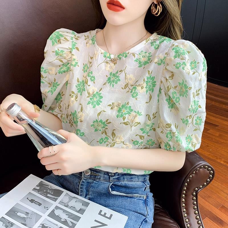 เสื้อเชิ้ตลายดอกไม้แขนพองสวยหวาน2021สำหรับผู้หญิงเสื้อชีฟองทรงหลวมสไตล์ตะวันตกดีไซน์เฉพาะกลุ่ม10.27