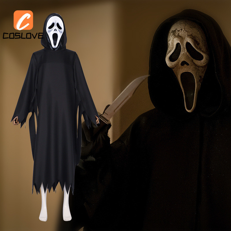 ภาพยนตร์ที่น่ากลัว SCREAM คอสเพลย์เสื้อผ้าชุดเครื่องแต่งกายชุดสําหรับ Man ชุดสีดําเสื้อคลุมคอสเพลย์เ