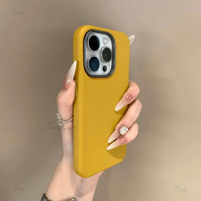 ใหม่ขิงกรอบโลหะสีเหลืองหนังเคสโทรศัพท์สําหรับiphone 11 12 13 14 15 Pro Max 16 Plus X Xs Xr TPU soft Caseดูดซับแรงกระแทกและป้องกันการตกกระแทกพร้อมหมวกด้านหลัง