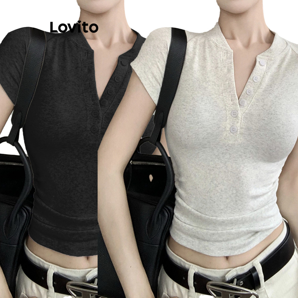 Lovito เสื้อยืด กระดุมหน้า สีพื้น สไตล์ลำลอง สำหรับผู้หญิง LNE16183 (หลากสี)