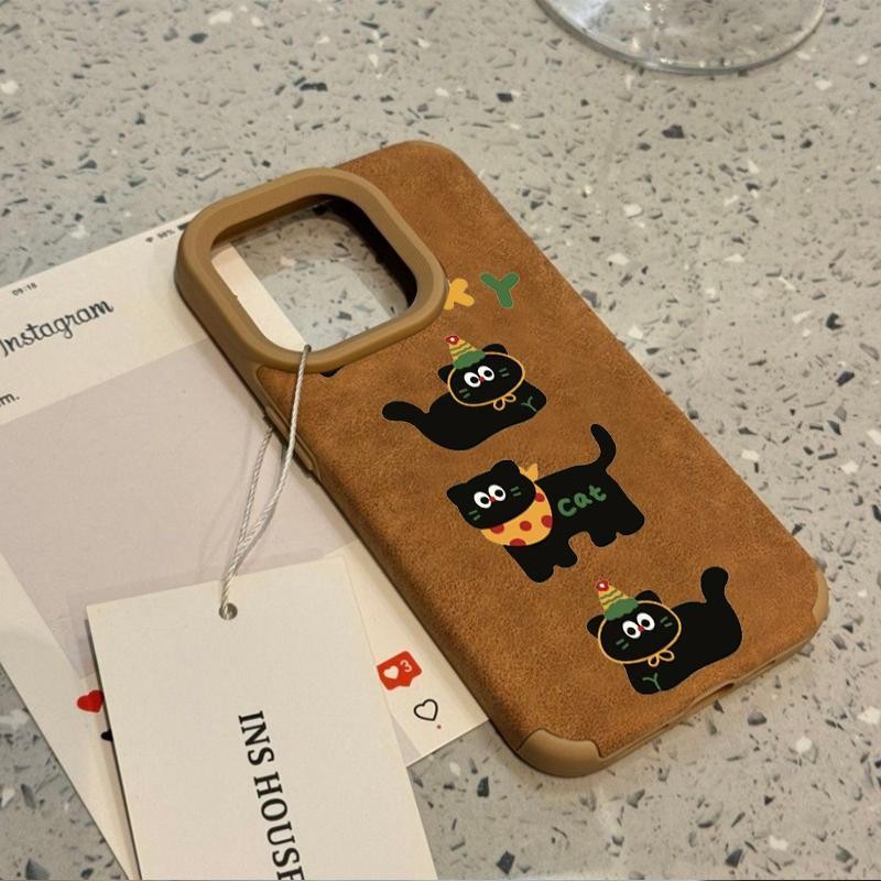 Ins หลายแมวดํารูปแบบหนังสีน้ําตาลรูปแบบ Anti-Fall เคสโทรศัพท์สําหรับ iPhone 16 Promax 15 Promax 12 13 Mini 14plus 11 Pro Max X XS XR XS Max
