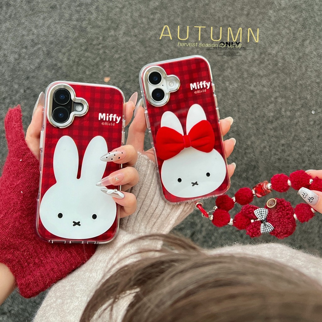 สีแดง Bowknot Miffy กระต่ายเชือกฝาครอบ IMD สองด้านสําหรับ Apple IPhone 16 15 14 13 12 Pro Max เคสกันกระแทก
