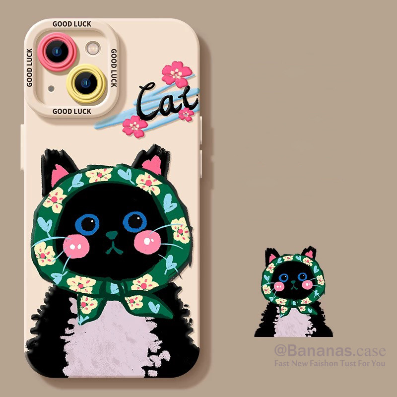 Iphone 16 15 14 13 12 11 Pro Max X Xr Xs Max 7 8 Plus SE2020 เคสโทรศัพท์น่ารักการ์ตูนดอกไม้หมวกแมวดํานุ่มปกหลัง