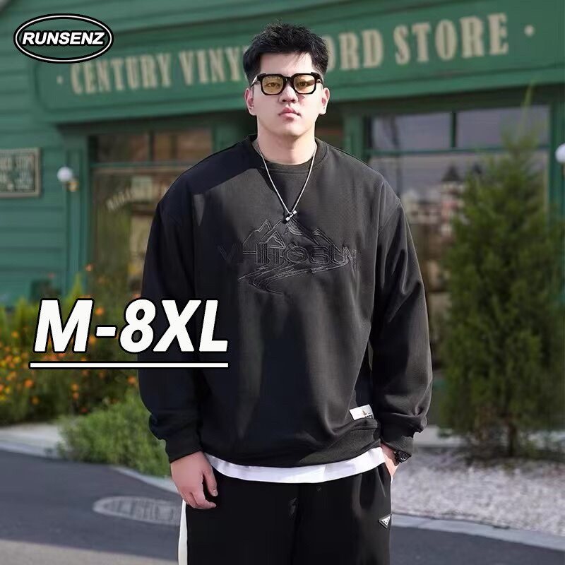 Xxl-8xl เสื้อสเวตเตอร์สีดําคอกลมเกาหลีผู้ชายลําลองหลวมแขนยาวขนาดบวกด้านบน
