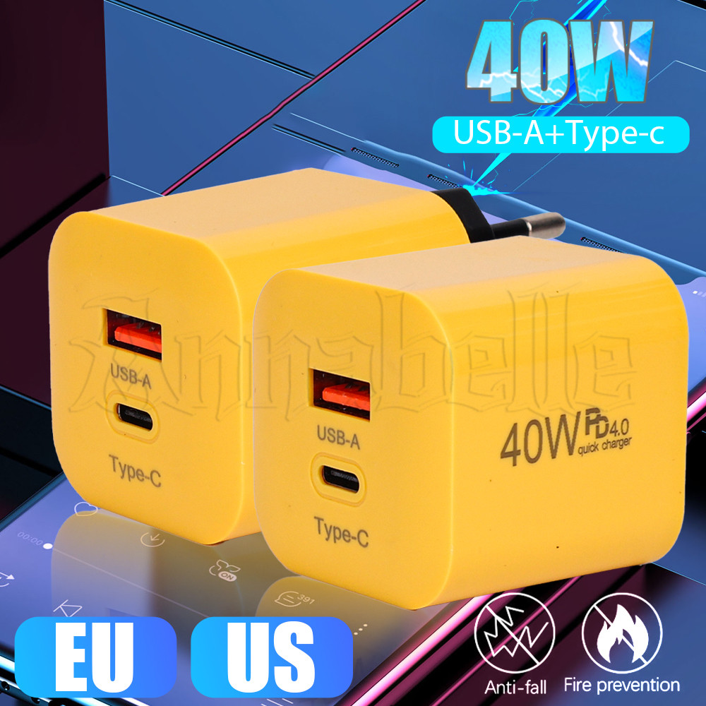 40w EU/US Plug Charger - สําหรับโทรศัพท์ แท็บเล็ต แล็ปท็อป - Wall Charger Plug Head - Type-C+USB Travel Plug - Universal Fast Charging Block - Dual Port GaN Charger Power Adapter