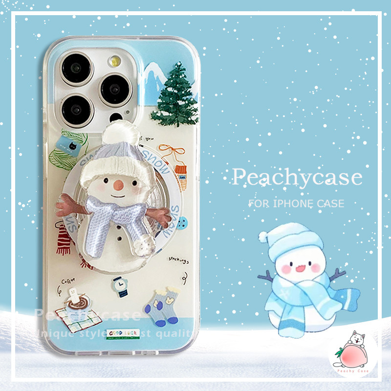 ฤดูหนาวน่ารักคริสต์มาส Snowman ผู้ถือขาตั้งแม่เหล็กไร้สายชาร์จเคสโทรศัพท์สําหรับ iPhone 16 15 14 13 Pro Max 16pro IMD ปกหลัง Shock Proof ปลอก