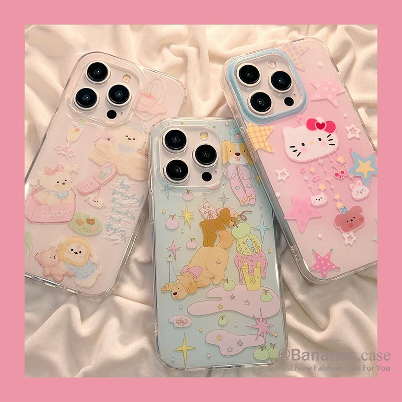 Iphone 16 15 14 13 12 11 Pro Max X Xr Xs Max 7 8 Plus SE2020 เคสโทรศัพท์การ์ตูนลูกสุนัข KT Cat + Lanyard Clear Soft ฝาหลัง