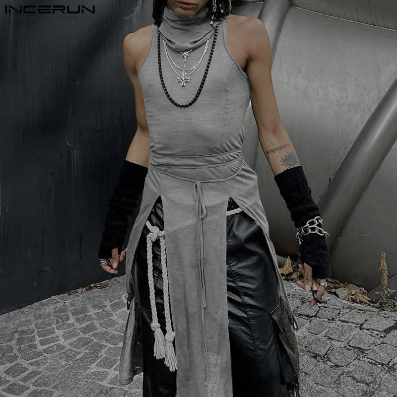 Incerun ผู้ชายวินเทจลําลองคอสูง Slit แขนกุดสีทึบถัง