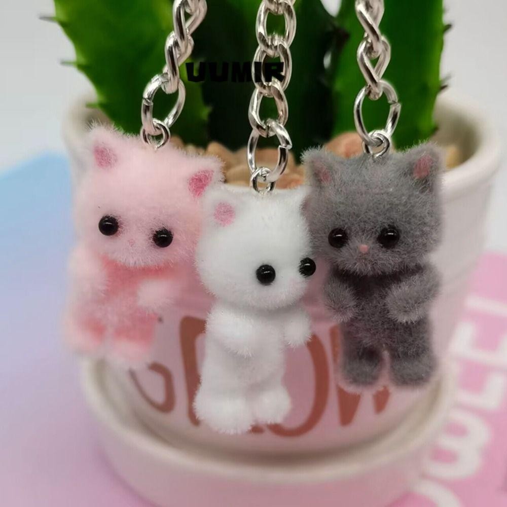 Uumir Flocking พวงกุญแจแมว, การ์ตูน Kawaii Cat Key Chain, DIY เครื่องประดับสัตว์ Key Lanyard ผู้หญิงผู้ชาย