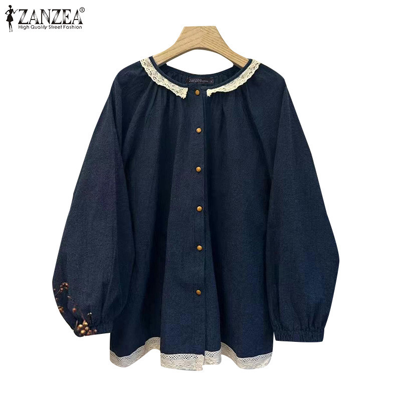 Zanzea เสื้อเบลาส์คอกลมแขนยาวลําลองเกาหลีสําหรับผู้หญิง