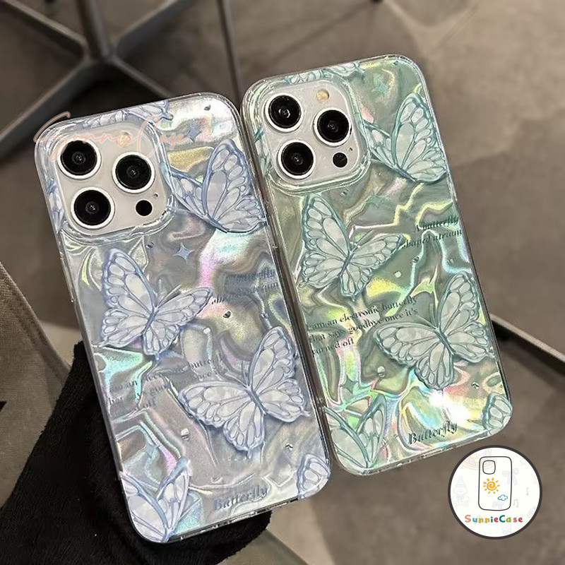 เคสไอโฟน7 สีน้ำเงิน ผีเสื้อ เคส สำหรับ IPhone 13 16 11 12 14 15 Pro Max 8 6S 7 6 Plus XR X XS Max SE 2020 ระลอกน้ำ เคส