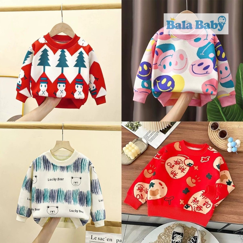 เสื้อกันหนาวเด็ก  สเวตเตอร์คอกลมเด็ก ขนบุนุ่มๆ พิมพ์ลายคริสมาร์ส Size90-120cm CX16