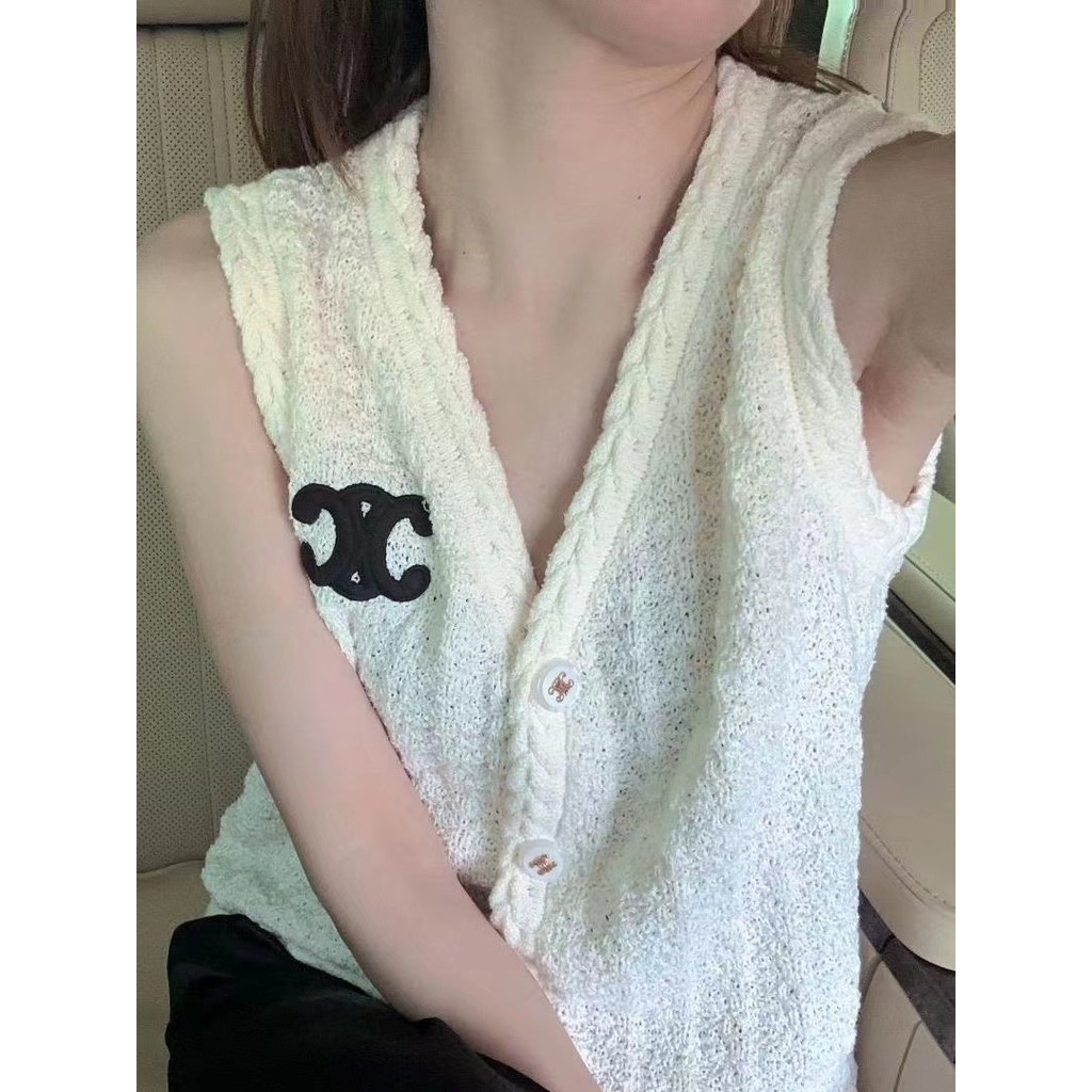 เสื้อคาร์ดิแกนผ้าถักแขนกุดย้อนยุคขี้เกียจ