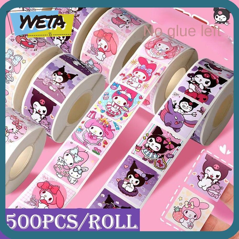 SANRIO ใช่ 500ชิ้น/ม้วนสติกเกอร์การ์ตูน,กันน้ําคุโรมิ ทํานอง Hello Kitty ซานริโอสติกเกอร์,คุณภาพสูงกาวในตัวสไตล์การ์ตูนเทปกระดาษสติกเกอร์ทํามือของข