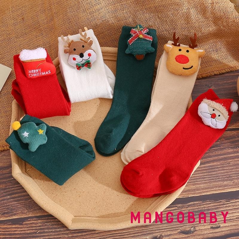 Mg-baby Girls Christmas Socks Soft Breathable Crew Socks with 3D Doll Cute Infant Socks ของขวัญปีใหม่