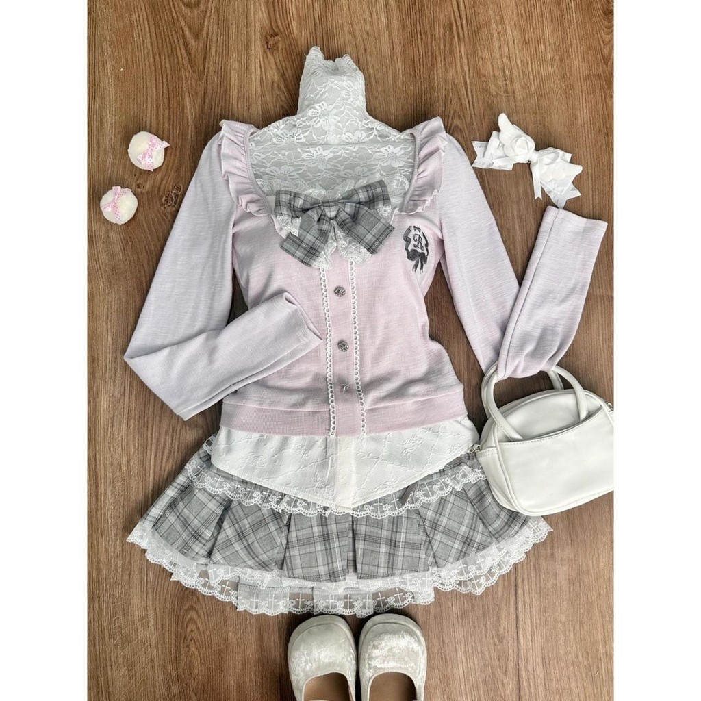 X-สีส้ม [ชุดสูทสองชิ้น] วิทยาลัยญี่ปุ่นกุทัณฑ์สีม่วงด้านบน + กระโปรงลายสก๊อตสีเทาฤดูใบไม้ผลิฤดูใบไม้ร่วงสไตล์ใหม่เสื้อผ้าสตรีลําลอง