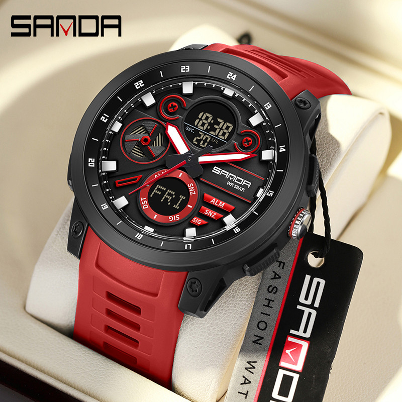 Sanda Dual Display Dial Luminous Calendar มัลติฟังก์ชั่นกลางแจ้งควอตซ์อิเล็กทรอนิกส์นาฬิกาผู้ชาย SD3379