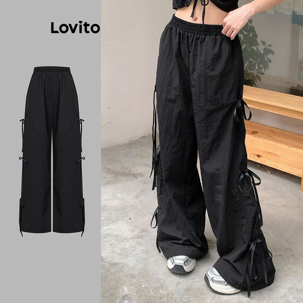 Lovito กางเกงโบว์ธรรมดาแบบสบาย ๆ สำหรับผู้หญิง L106AD481