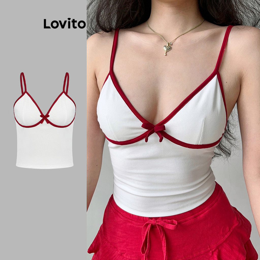 Lovito เสื้อกล้ามผูกโบว์คอนทราสต์เรียบหรูสำหรับผู้หญิง L99ED274