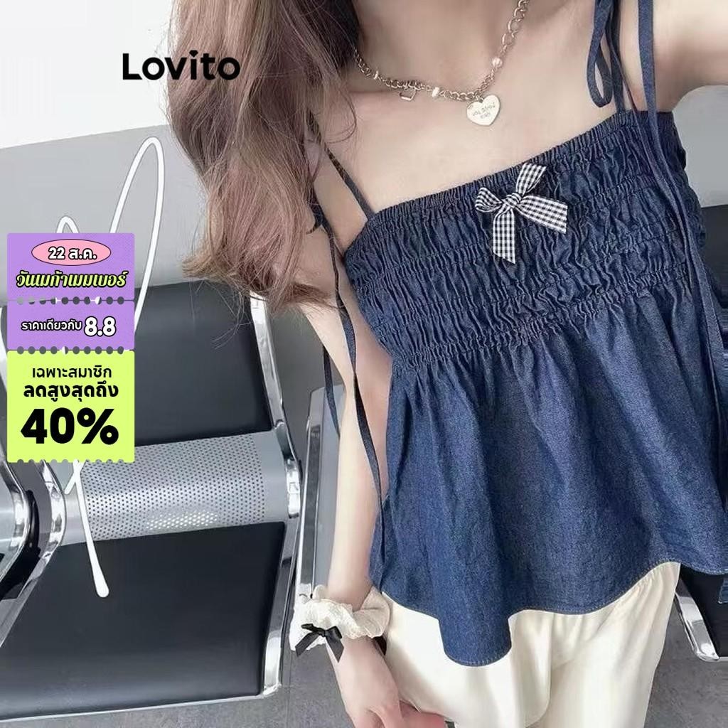 Lovito เสื้อสายเดี่ยวผู้หญิง แต่งโบว์ สม็อค สีพื้น สไตล์ลำลอง LNA54001