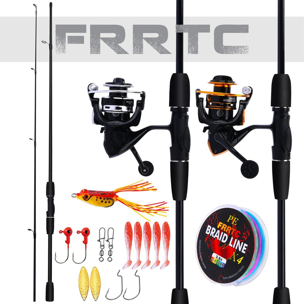 FRRTCชุดคอมโบคันเบ็ด รอก 2 ส่วนคันเบ็ดคาร์บอนพร้อมขนาด 3000อัตราทดเกียร์ 5.2:1รอกสปินนิ่งอุปกรณ์ตกปลาเบสของขวัญ