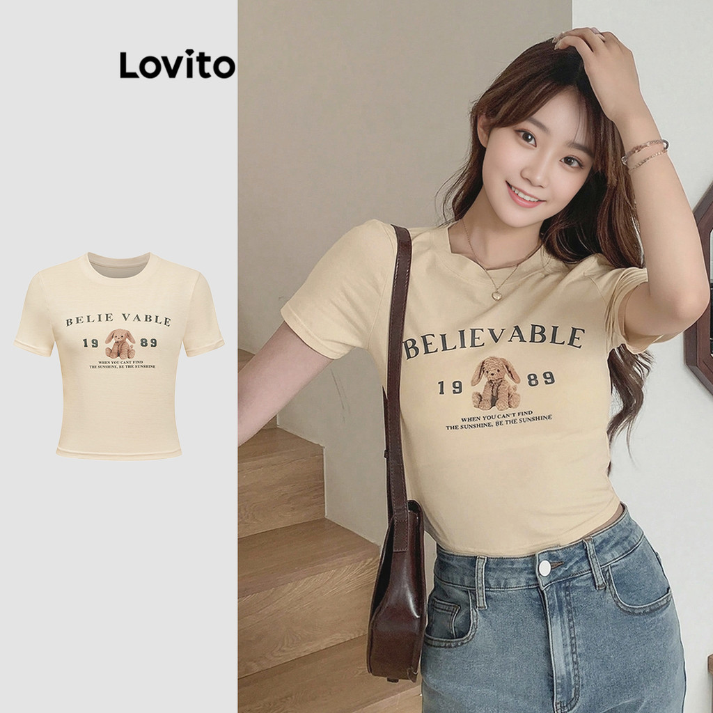 Lovito เสื้อยืดผู้หญิง ลายสัตว์ สไตล์สปอร์ต L89ED137