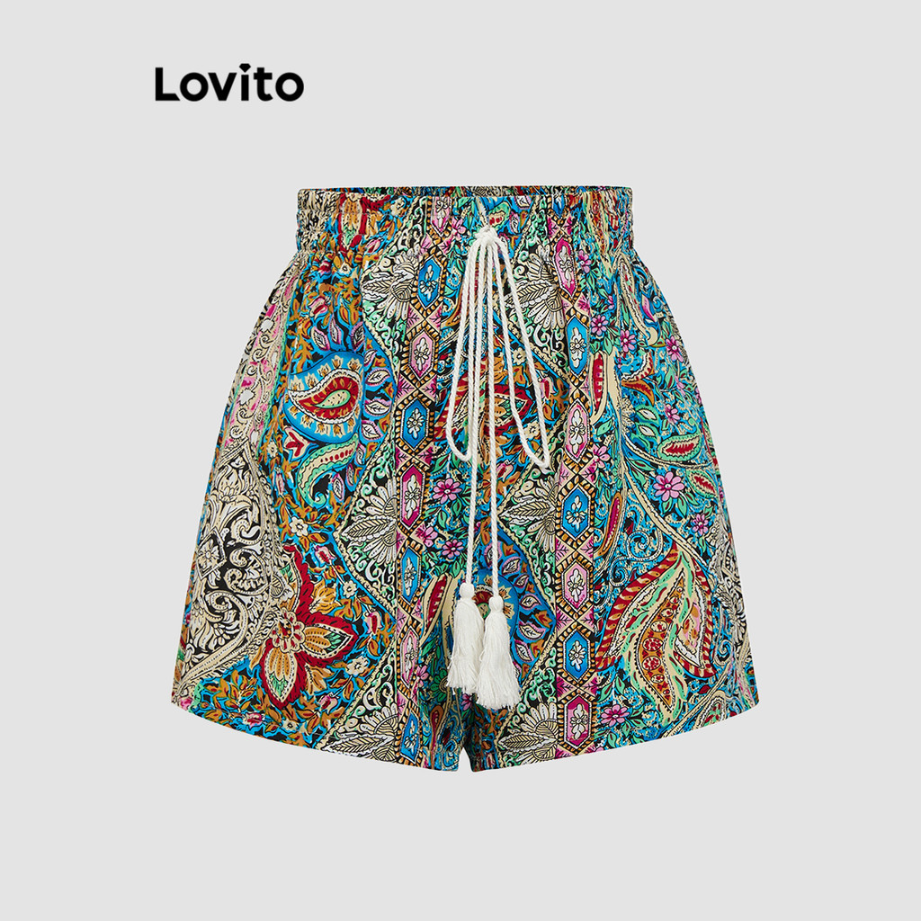 Lovito กางเกงขาสั้นผู้หญิง พิมพ์ลายชนเผ่า ผูกเชือก สไตล์โบโฮ L89MD119