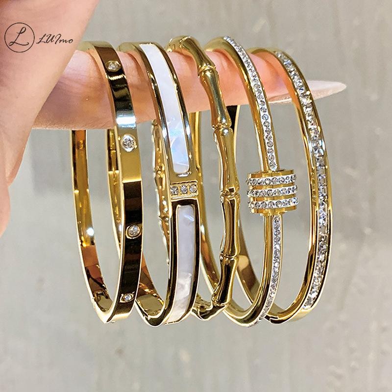 Luimo High-end 18K Golden Titanium Steel Non-Fadeสร้อยข้อมือหญิงธรรมดาแหวนZirconสร้อยข้อมือหรูหราNicheสร้อยข้อมือใหม่