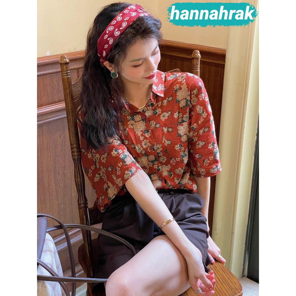 (ส่งจากกรุงเทพฯ)ย้อนยุคสไตล์ฮ่องกง ฤดูร้อน ผู้ชายและผู้หญิง เสื้อเชิ้ตแขนสั้นลายดอกไม้สไตล์ญี่ปุ่นลำลอง