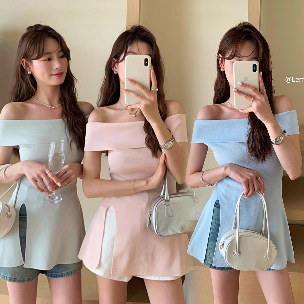 Chili Kokoเสื้อถักคอเดียวเปิดไหล่สไตล์ฝรั่งเศสสำหรับผู้หญิง เสื้อปาดไหล่ทรงเอแขนสั้นทรงเข้ารูป D630