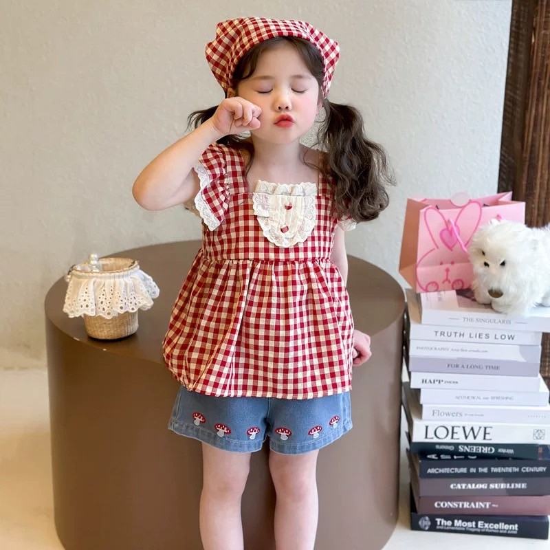 PRETTY BABY🧸พร้อมส่ง🧸 ชุดเซ็ทเด็กผู้หญิง งาน3ชิ้น เสื้อแขนกุด+กางเกงยีนส์ขาสั้น+คาดผมผ้าโพกหัว (1542)