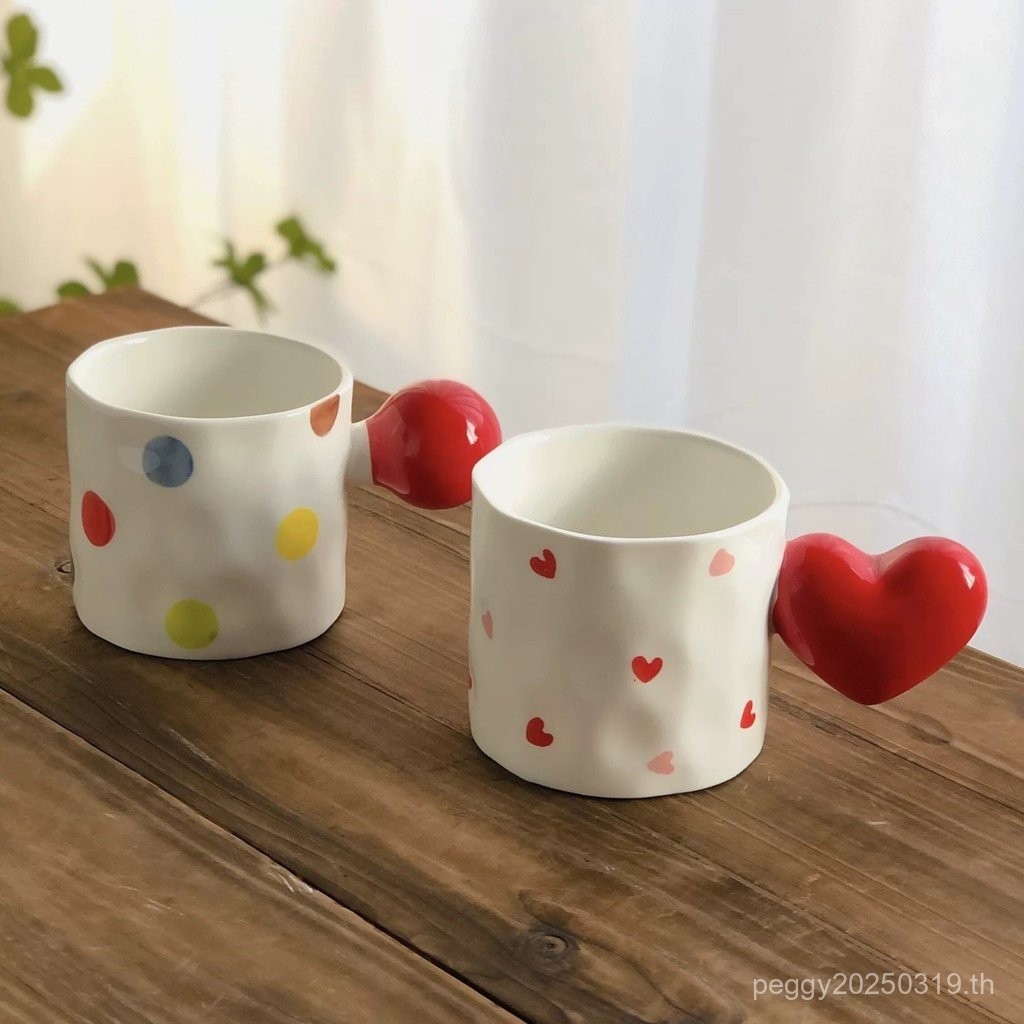 ขายดีสุดฮอต [1023 คนสะสม] แก้วกาแฟคู่รักเซรามิกเคลือบใต้ ดีไซน์หัวใจลายจุด ความจุใหญ่ DXQ