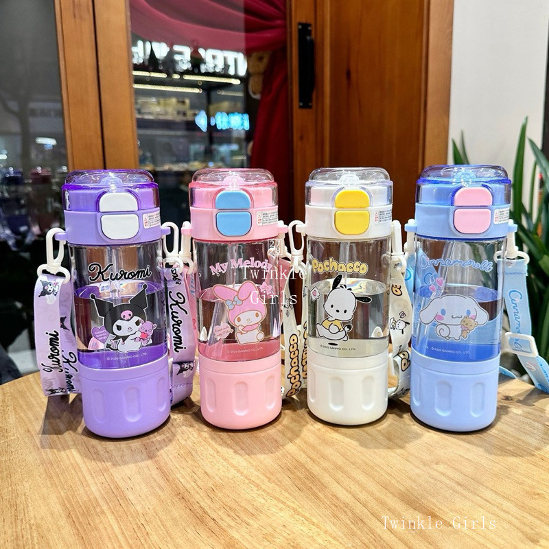 ของแท้ Kuromi Cinnamoroll Capybara 580มิลลิลิตรคู่ขวดน้ำดื่มที่มีสายคล้อง Tritan กระบอกน้ำเด็ก ฟางถ้วยน้ำเด็กขวดน้ำ Melody ของฉันป้องกันการล่มสลายถ้วยน้ำพลาสติก