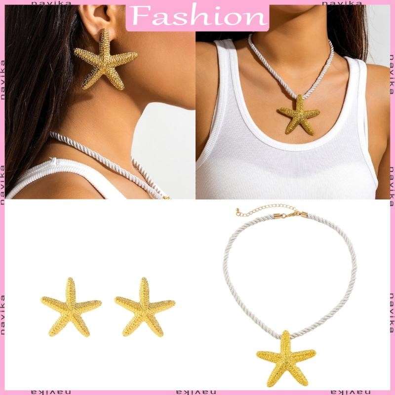Nav Simple Beach ต่างหูแฟชั่นปลาดาวสร้อยคอจี้เชือกถักคอ