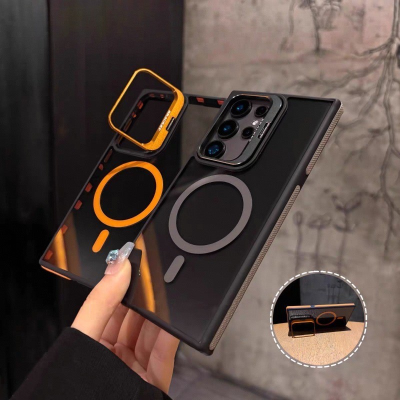 SAMSUNG กรอบโลหะขาตั้งเคสโทรศัพท์แม่เหล็กสําหรับsamsung Galaxy S24FE S22 S23 S24 S25 Ultra Plus S23FE Soft TPUกันกระแทกปลอกAnti Drop Clear Cover