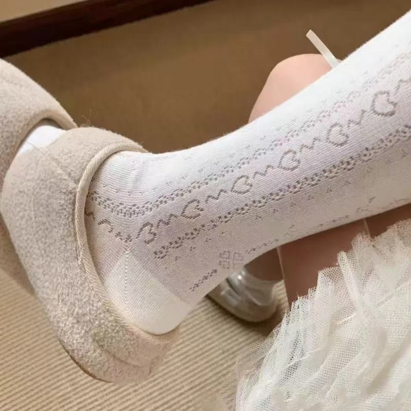 WZ416TG ฤดูใบไม้ผลิฤดูร้อนบางครีมตาข่ายกองถุงเท้าด้านข้างโบว์ Streamer หัวใจ Hollow ถุงเท้ากลางหลอดห