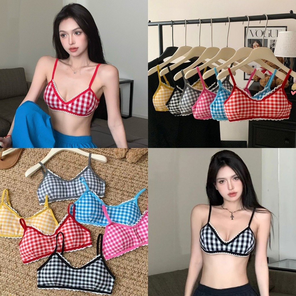 Mary เสื้อสายเดี่ยว มีฟองน้ำ สม๊อคด้านหลัง ผ้านิ่ม สีสดใส ดีเทลลายสก๊อต หลากสี เสื้อชั้นใน โดปามีน น่ารักมาก #FY756