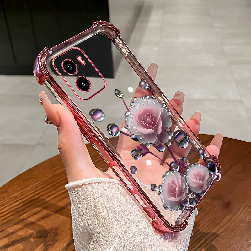 สําหรับ VIVO Y15S Y15A Y10 4G Y01 เคสโทรศัพท์ดอกไม้สีชมพู bud สี่มุมซิลิโคน TPU โปร่งใส soft shell ﻿