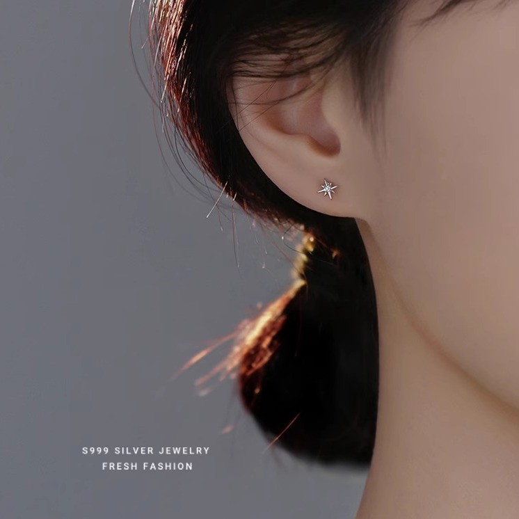 S999 เงินแท้Zirconแปดเหลี่ยมStarต่างหูหญิงเงินสเตอร์ลิงหรูหราต่างหูHigh-End All-Matchอารมณ์Nicheต่าง