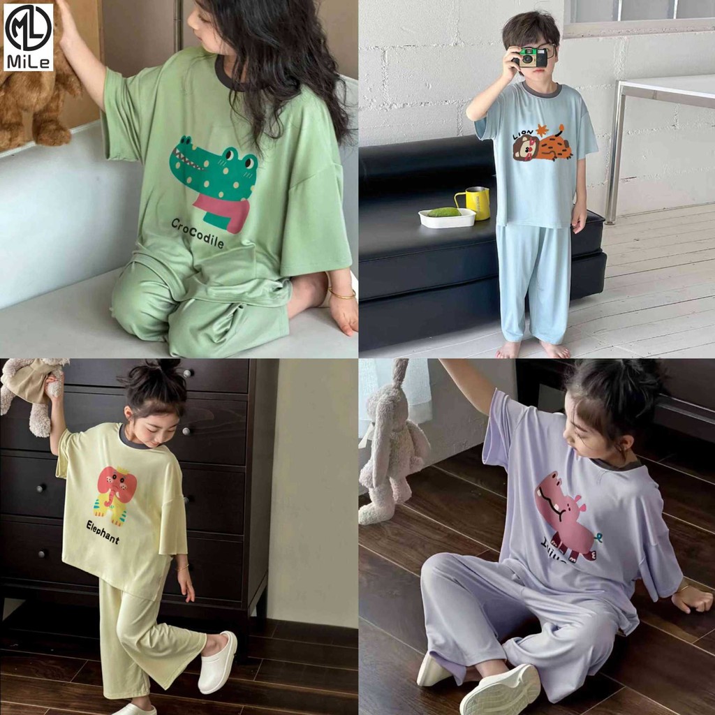 [ML] 73-170 ซม.ชุดเด็กสไตล์ใหม่ Modal Homewear Three-Quarter แขนชุดนอนชายหญิงน้ํ