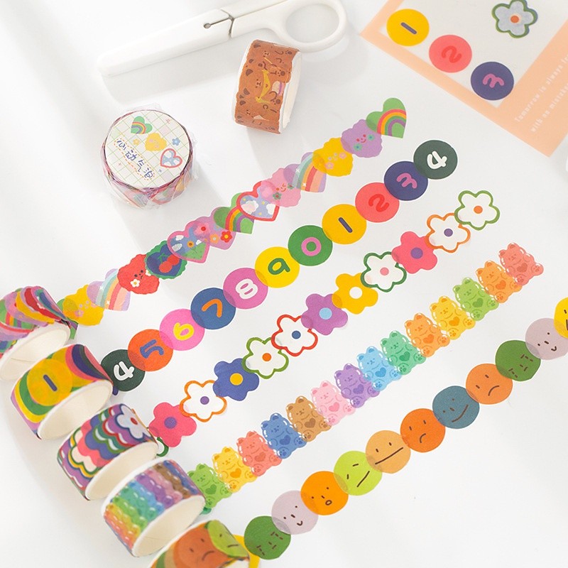 Kawaii Washi เทป Masking เทปตกแต่งดอกไม้หมีขนมหวานตัวเลขยิ้ม Face สําหรับ DIY ไดอารี่ Planner Scrapbooking Art Craft Supplies
