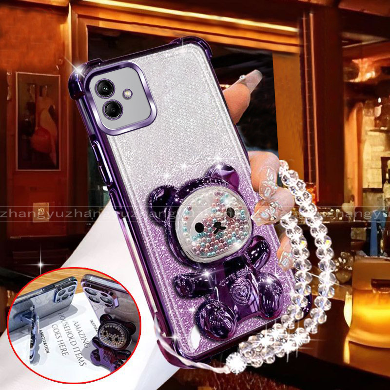 กันกระแทกcase สําหรับ Samsung A04 A04E A05 A06 เคสโทรศัพท์ 3D หมีผู้ถือ glitter กระดาษสร้อยข้อมือใหม