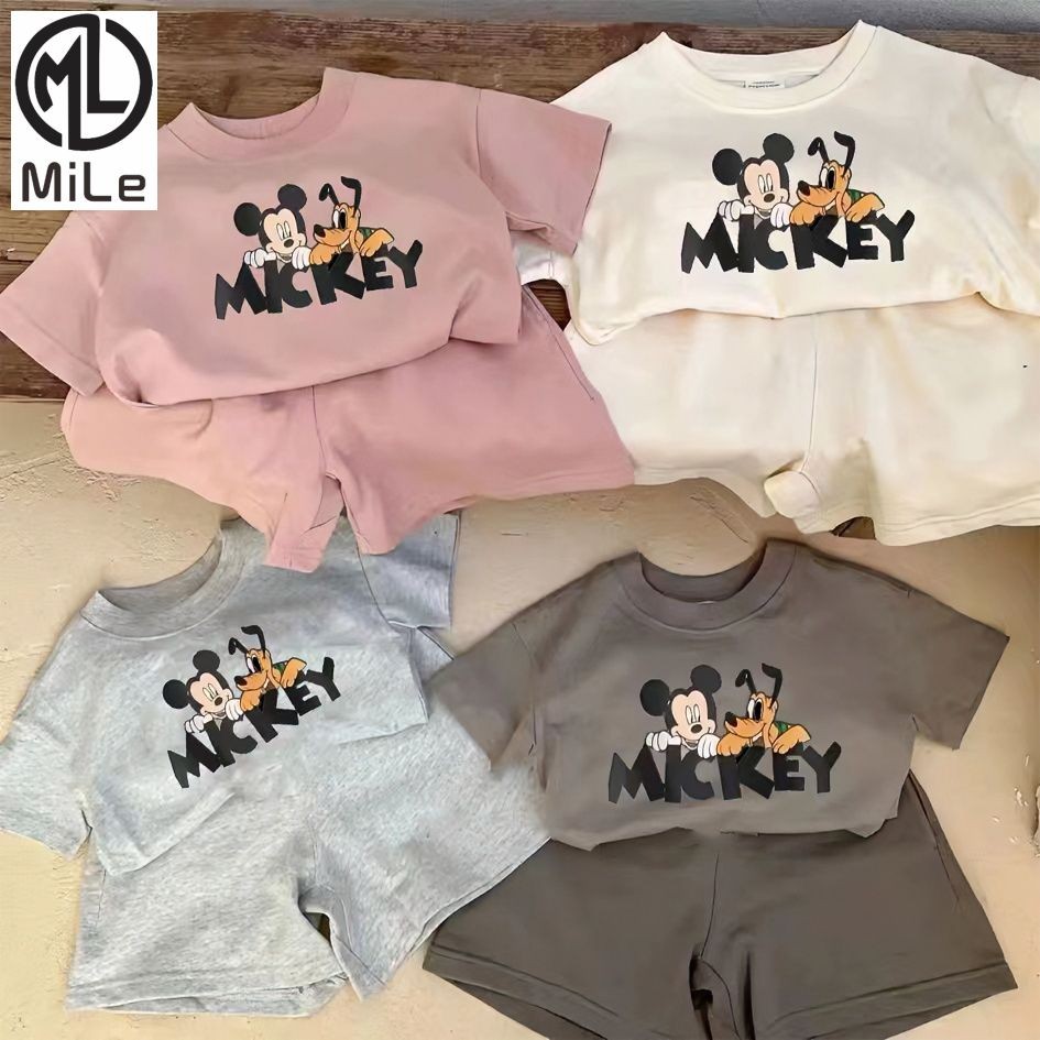 [มล] 90-140ซม ฤดูร้อนสไตล์ใหม่ชายหญิงเด็กทารกกางเกงขาสั้นแขนสั้นชุดเวอร์ชั่นเกาหลีลําลองสไตล์ตะวันตกน่ารักการ์ตูนมิกกี้ชุดสองชิ้นอินเทรนด