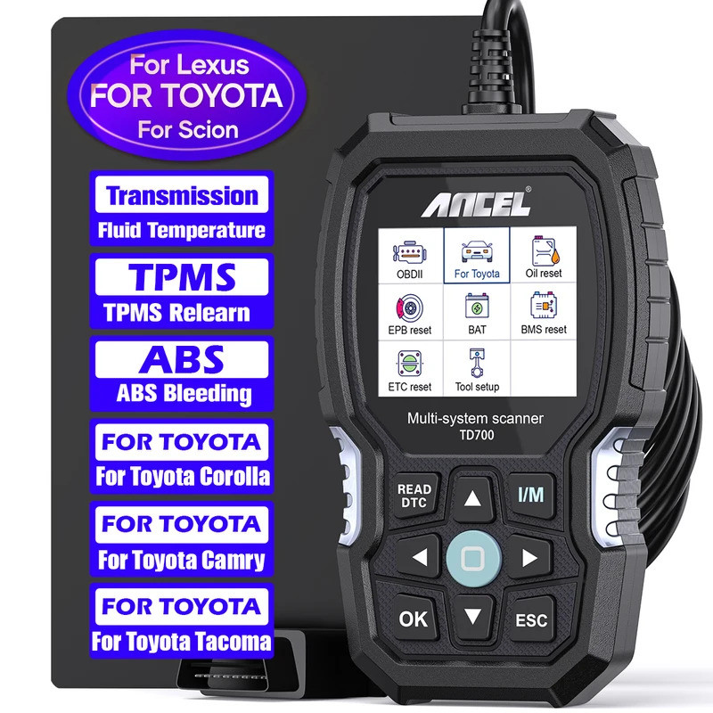 ANCEL TD700 เครื่องสแกน OBD2 สำหรับ Toyota/Lexus/Scion ทุกระบบ ระบบเกียร์ TPMS เรียนรู้ใหม่ เครื่องม