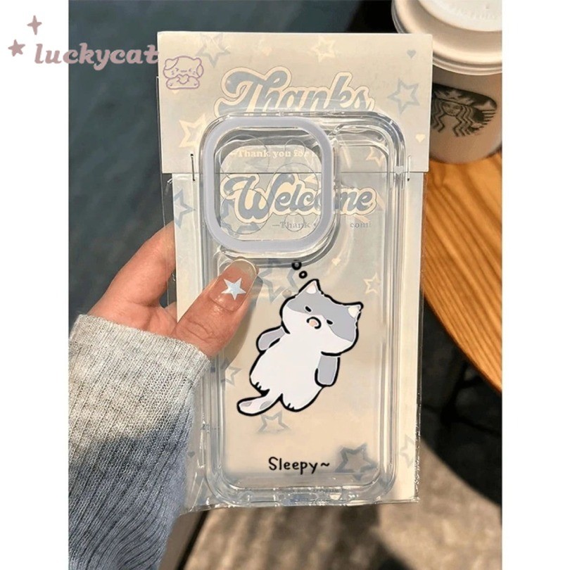 Iphone 16 15 14 13 12 11 Pro Max X XR XS Max 7 8 Plus SE2020 เคสโทรศัพท์น่ารัก Sleep Grey Cat ปกอ่อน