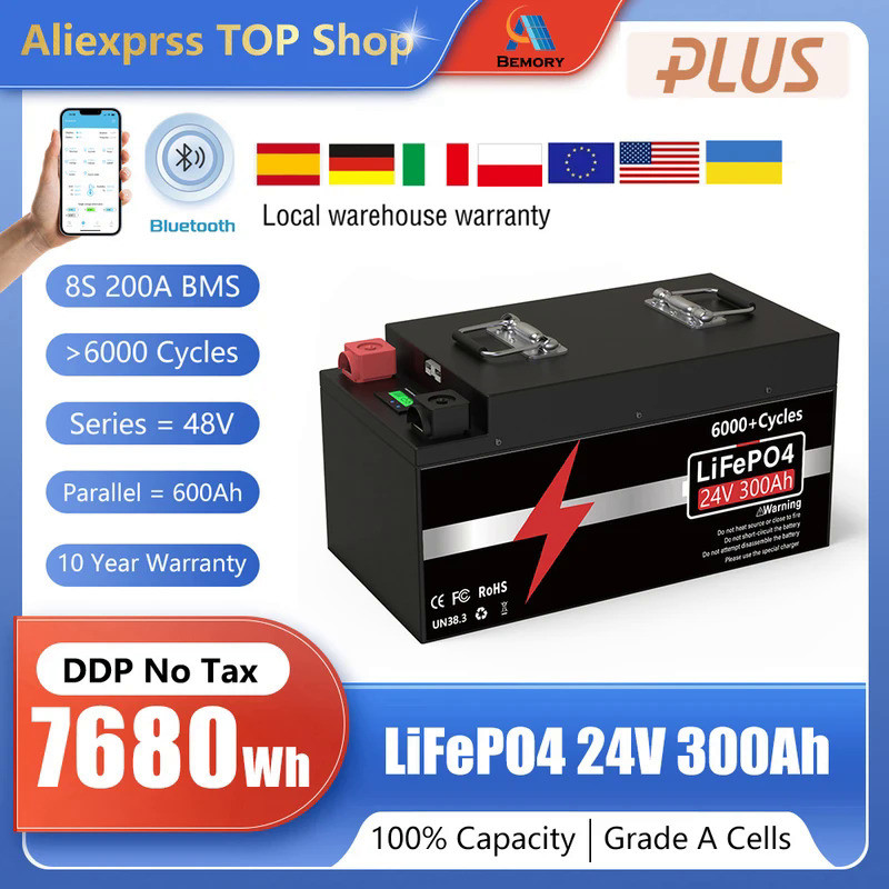 LiFePO4 Battery 24V 300Ah 200Ah 100Ah Buletooth BMS 12.8V 25.6V 7KW 6000+ Cycles IP65 Grade A For RV