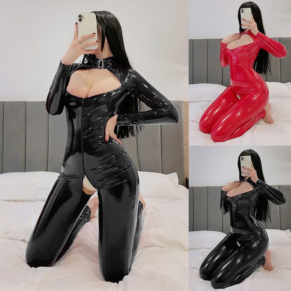 ⭐ วาร์ส ⭐ผู้หญิงเงาglossy LatexหนังBodysuit Zip-up Crotchless Jumpsuitชุดชั้นใน