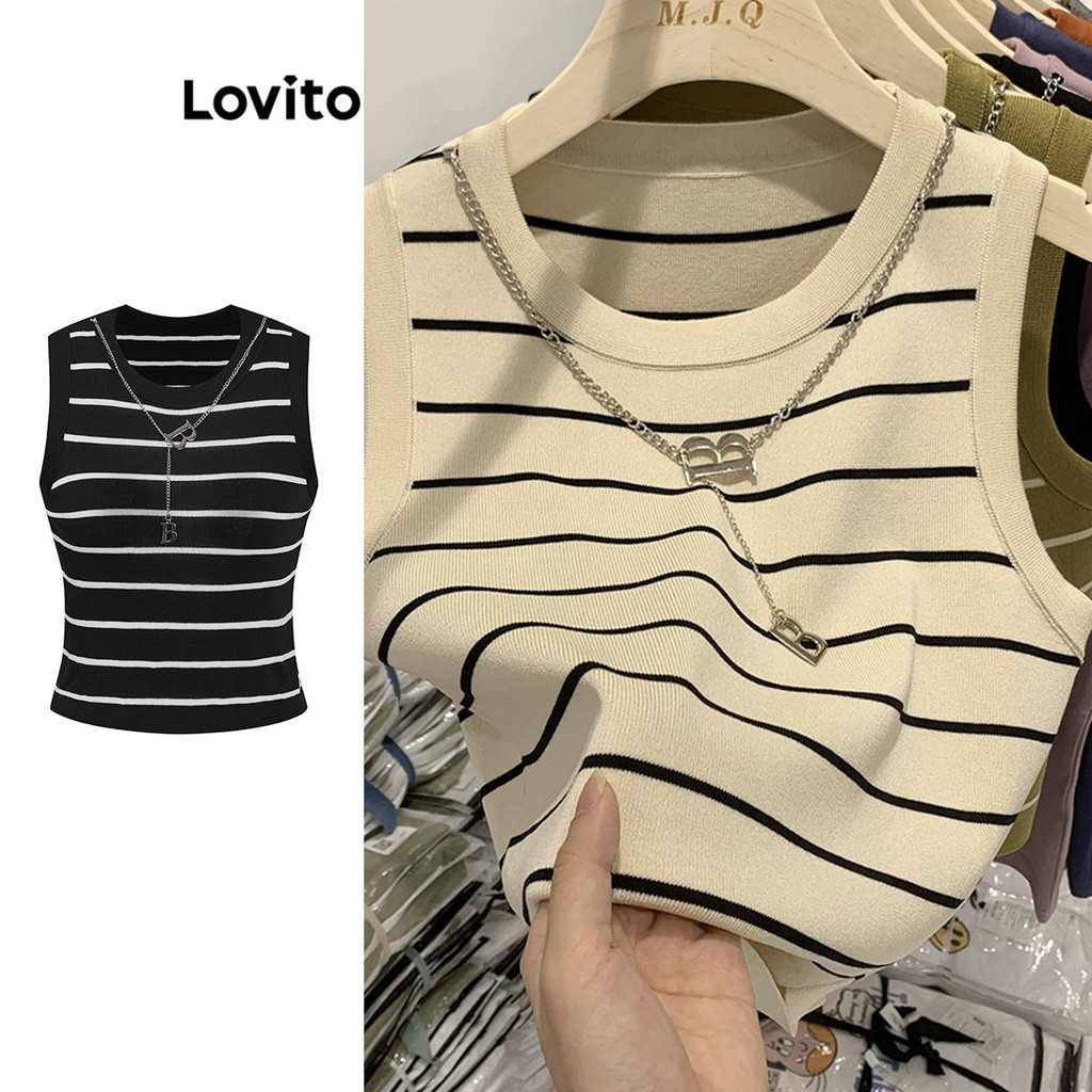Lovito เสื้อสายเดี่ยว คอกลม แขนกุด เบสิก ลายทาง สไตล์ลำลอง สำหรับผู้หญิง LNA07011 (หลากสี)