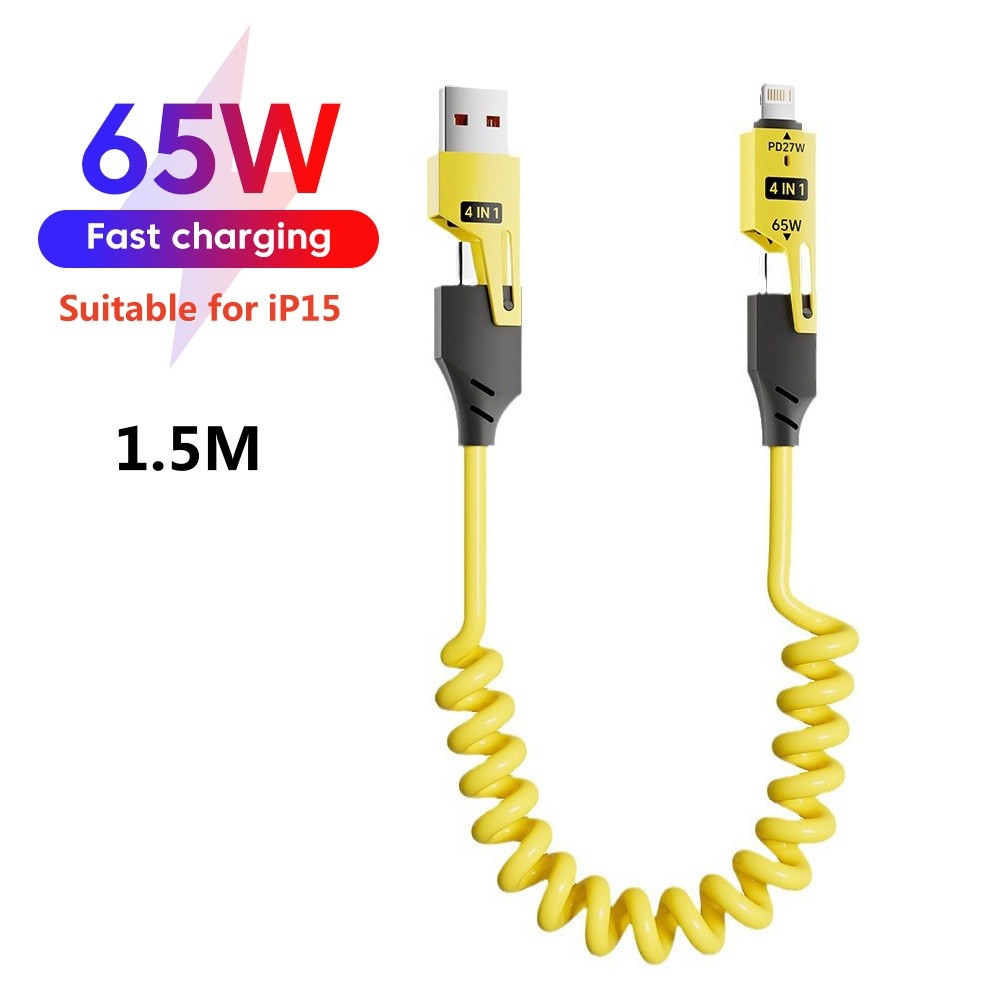 65w Spring Telescopic 4 in 1 Super Fast Charging Data Cable เหมาะสําหรับ Samsung Huawei 1.5M