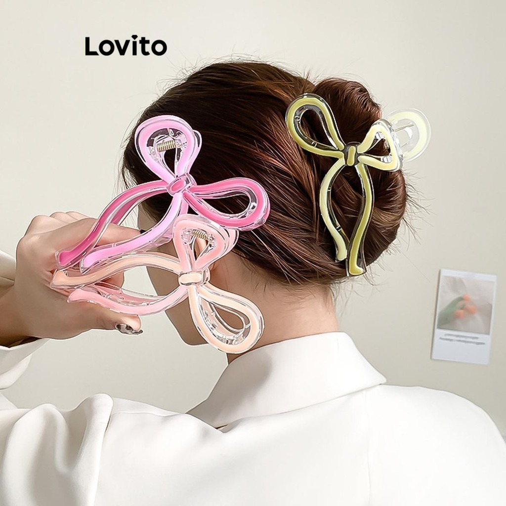 Lovito กิ๊บติดผม บล็อกสี หยด เคลือบ โบว์ธรรมดาสำหรับผู้หญิง LFA30377
